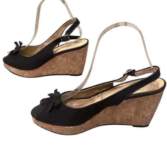 Trotters Womens Wedge Sandals US 8 Slingback Black Tan Cork Heels Beachy Resort - Picture 5 of 10